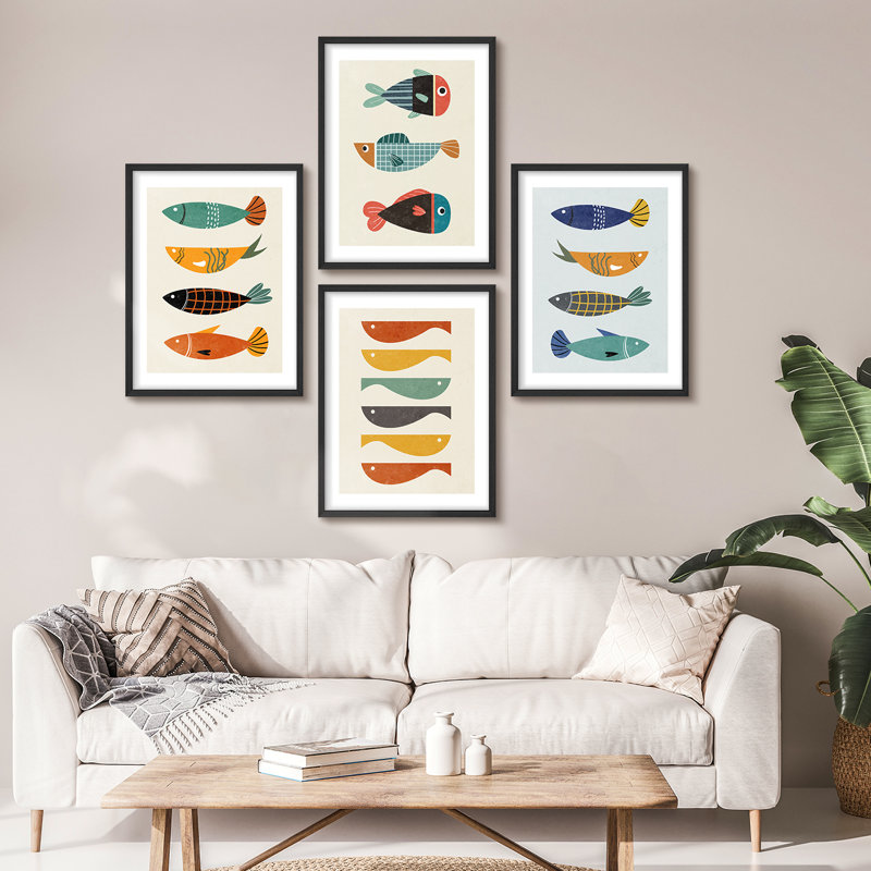 «Colorful Fish Coastal Modern», impression encadrée, affiches, salle de bain, petit art mural, Noir, noir, noir, noir