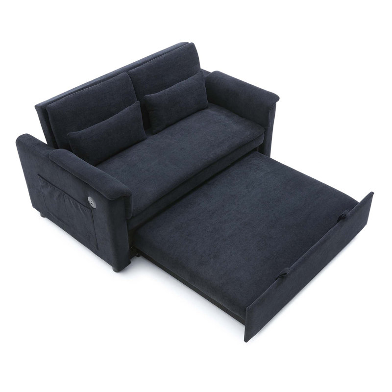 Canapé-lit convertible deux places avec dossier réglable, ports USB, poches latérales et coussins de taille pour un salon confortable