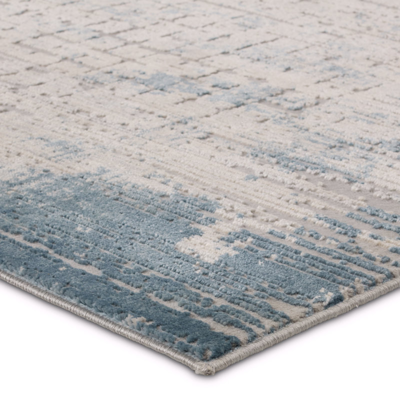 Tapis en polypropylène / polyester abstrait tissé à la machine en crème / bleu, Tapis de couloir 2 pi 6 po x 10 pi