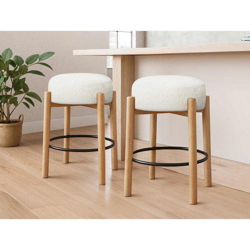 Tabouret Natalia en tissu bouclé, Ivoire ivoire, Tabouret de bar (siège d’une hauteur de 30 po)
