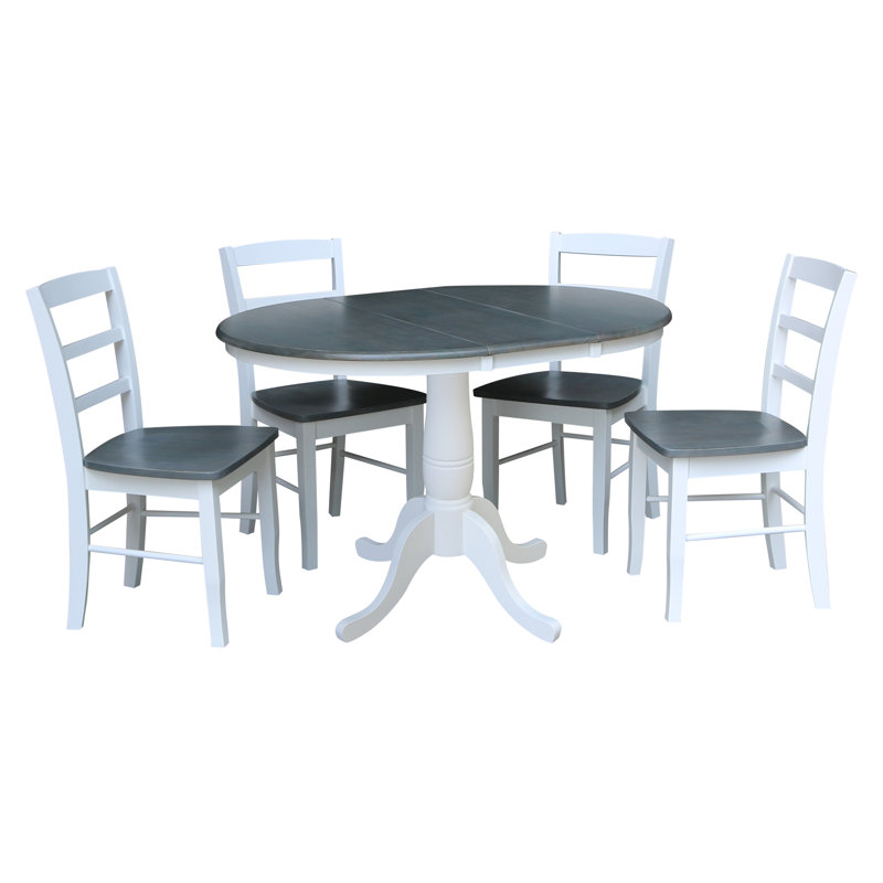 Gadmann Pedestal Extendable Solid Wood Dining Set, Heather Gray/White, 5 Pieces: Table, 4 Chairs
