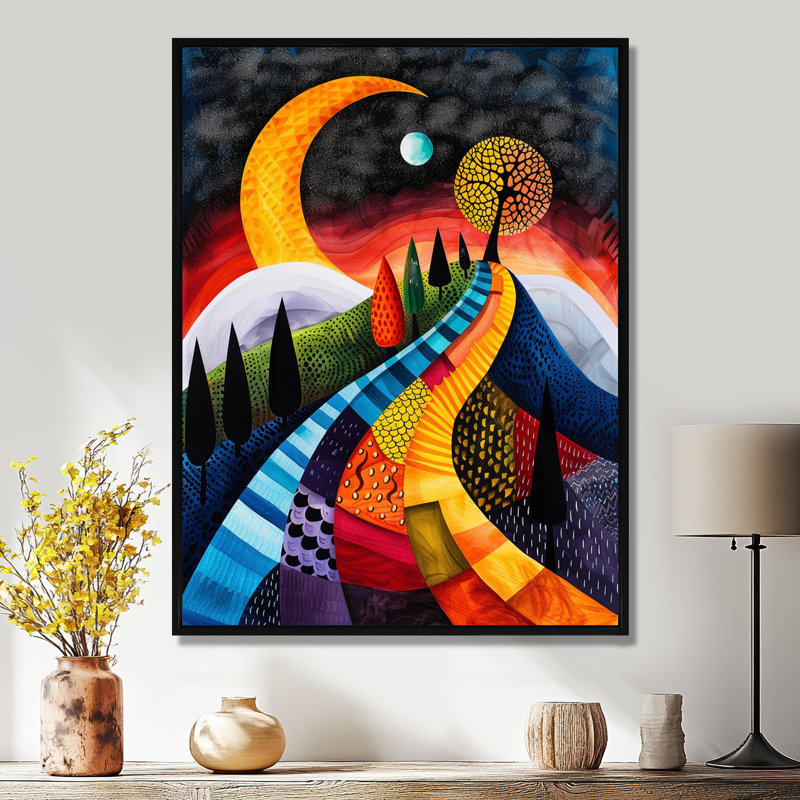 Arbre jaune sur une route de montagne imaginaire - paysage abstrait, art mural, Toile avec cadre flottant noir