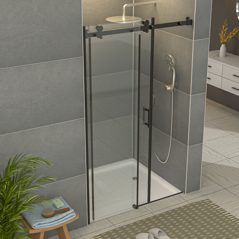 Porte de douche coulissante simple sans cadre de 48 à 49 po x H 76 po avec verre trempé transparent de 5/16 po, Noir mat