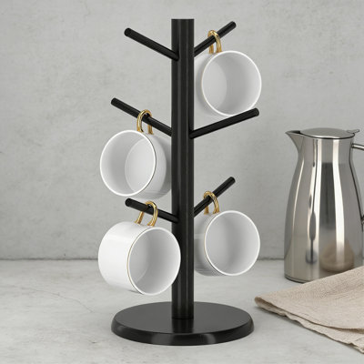 Bamboo Mug Tree Stand With 6 Hooks, Sturdy Countertop Cup Rack Organizer For Kitchen Space Saving