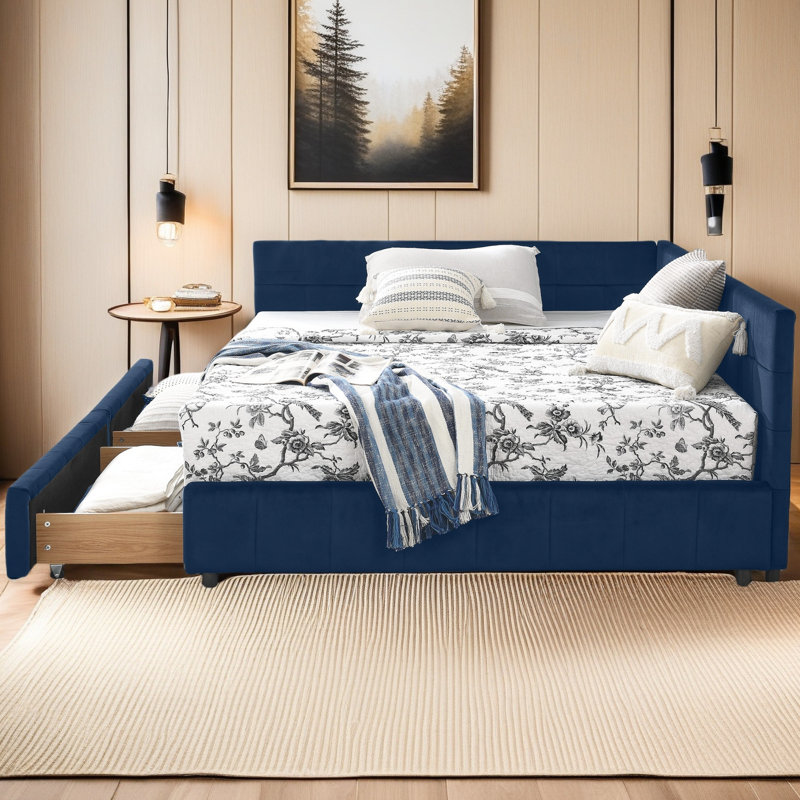 Cadre de lit double capitonné avec rangement pleine grandeur, cadre de canapé-lit avec dossier et accoudoirs confortables, lit double pour chambre à coucher, salon, velours