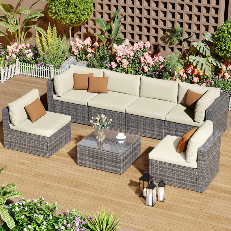 Abra 7 Piece Patio Rattan Seating Group with Cushions, Beige