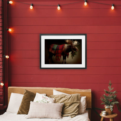Festive Moose with Plaid Framed Print Under Glass, design by Sasha