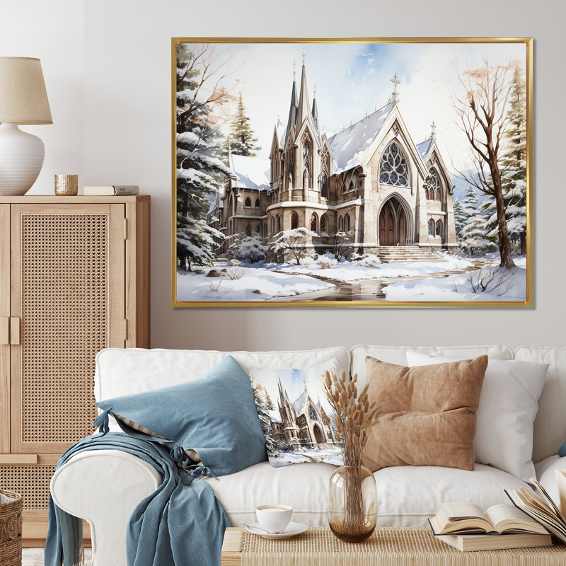 Chapelle de mariage blanche, aquarelle d'hiver rustique, H 12 po x l 20 po x P 1 po, Cadre flottant doré