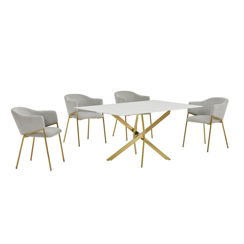 Ensemble de salle à manger rectangulaire en verre avec revêtement en marbre avec chaises en lin, 5, Gris/doré