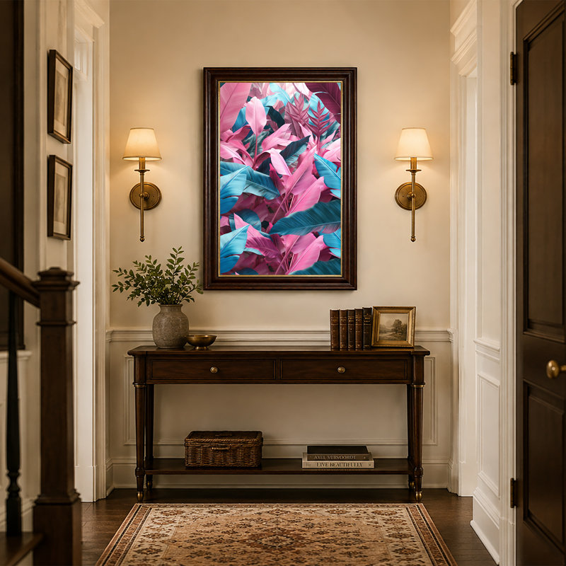 «Vibrant Pink and Blue Tropical Leaves», art mural sur toile, H 18 po x l 12 po