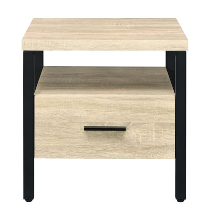 Rustic 1 Oak And Black Accent Table - For Living Room, Bedroom, Relaxing Corner Strong Metal Legs, Partical Board & Composite Wood Style With Drawer V