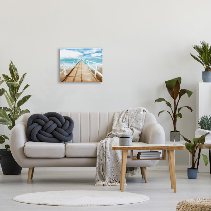 «Docks Out To Ocean Horizon Contemporary Beach Scene» par Milli Villa - peinture sur toile, H 20 po x l 16 po, Toile tendue