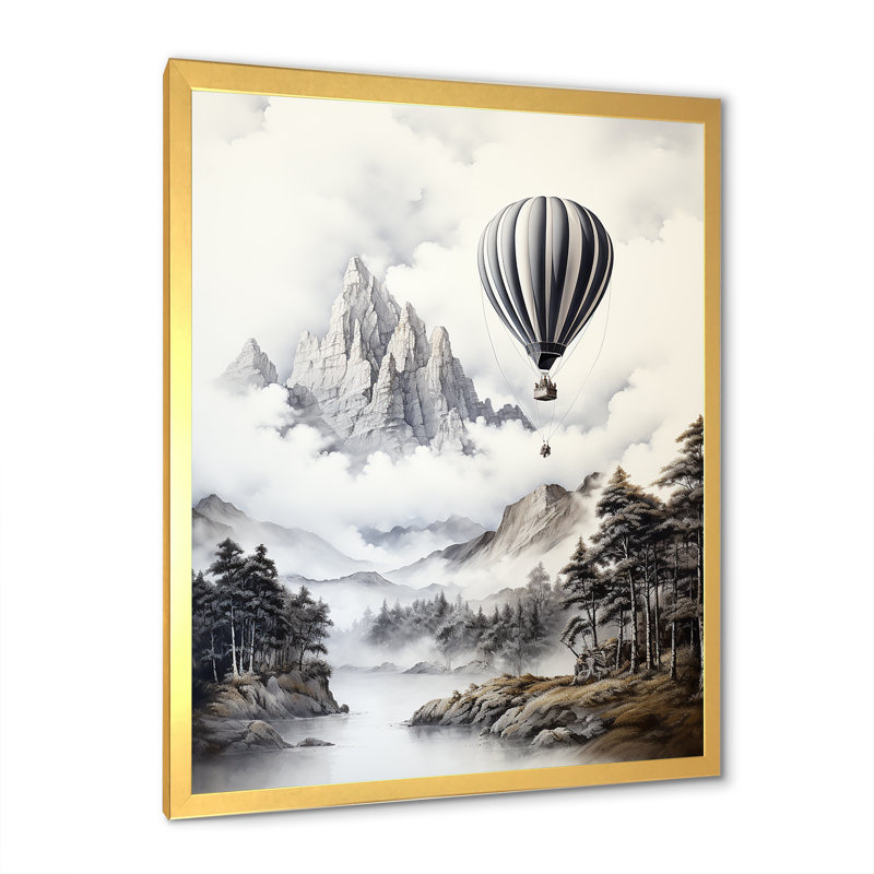 Vol en montgolfière monochrome - reproduction sur toile, Encadrement doré, H 20 po x l 12 po x P 1 po