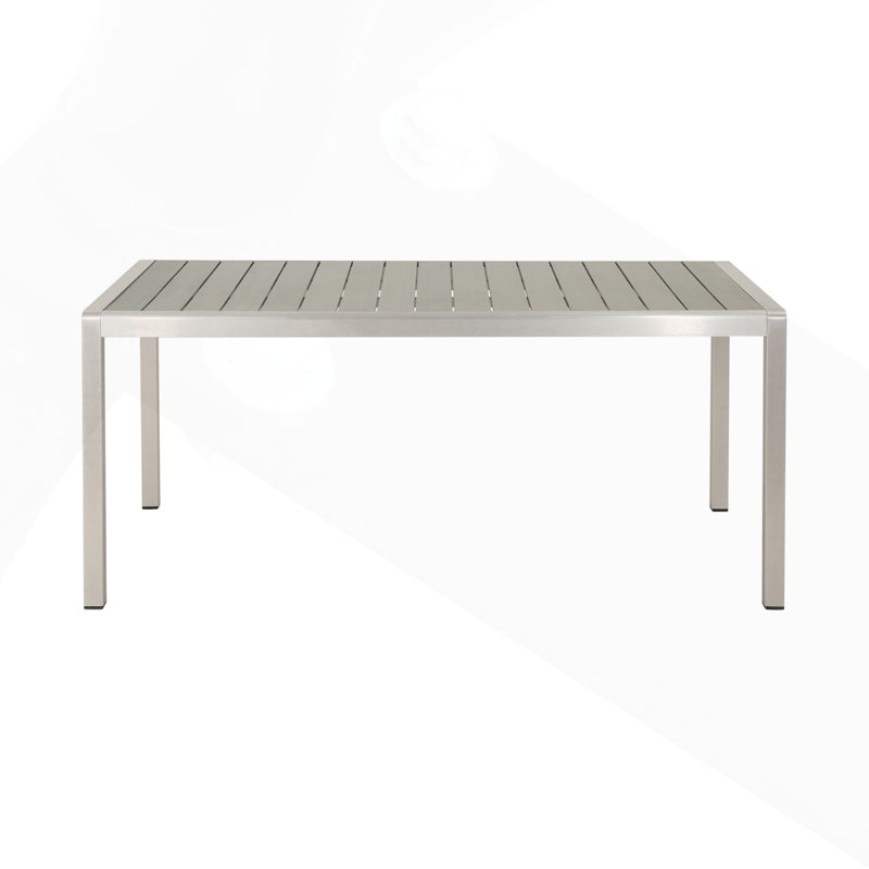 Table de salle à manger d'extérieur moderne en aluminium avec plateau en faux bois pour une utilisation élégante et durable du patio