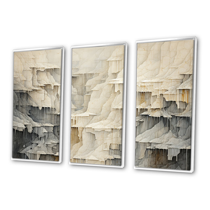 Beige et gris, simple cascade de falaise, H 40 po x l 60 po x P 1 po, Cadre flottant blanc