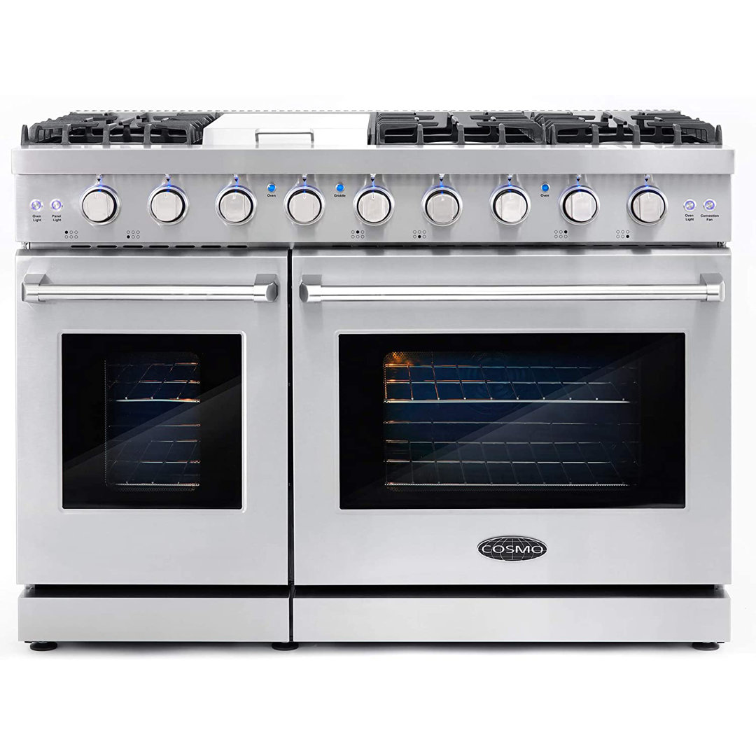 Cosmo 48 in. Haven Collection 7 cu. ft. Double Oven Gas Range, 6 Burners, Griddle, Convection, Knob LEDs, Stainless Steel Cosmo