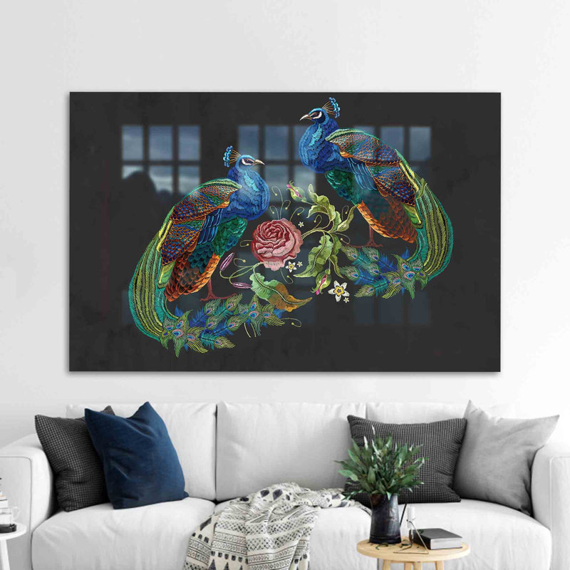 Motif de broderie paon moderne imprimé sur verre pour une décoration murale abstraite parfaite pour un décor intérieur de style rétro