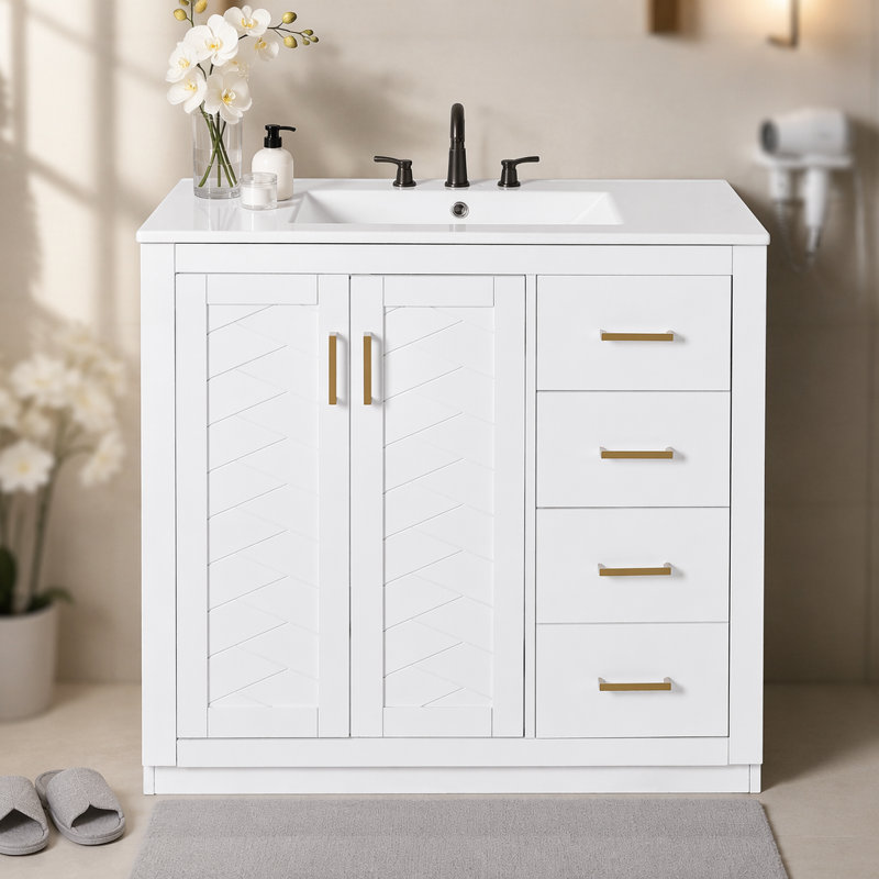Ensemble de meuble-lavabo 36 po avec lavabo en céramique, armoire de rangement en bois massif, ensemble de meuble-lavabo autoportant avec 3 tiroirs et portes à fermeture douce