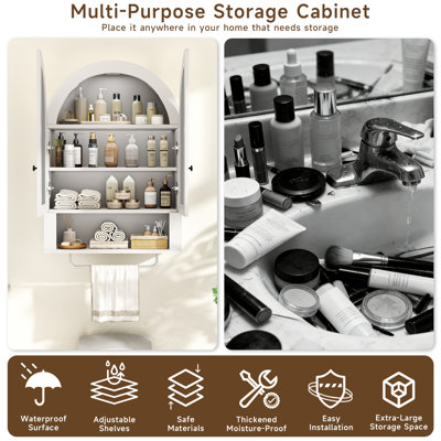 Armoire murale arquée avec portes en miroir et tablettes réglables pour la salle de lavage, la salle de bain et la cuisine