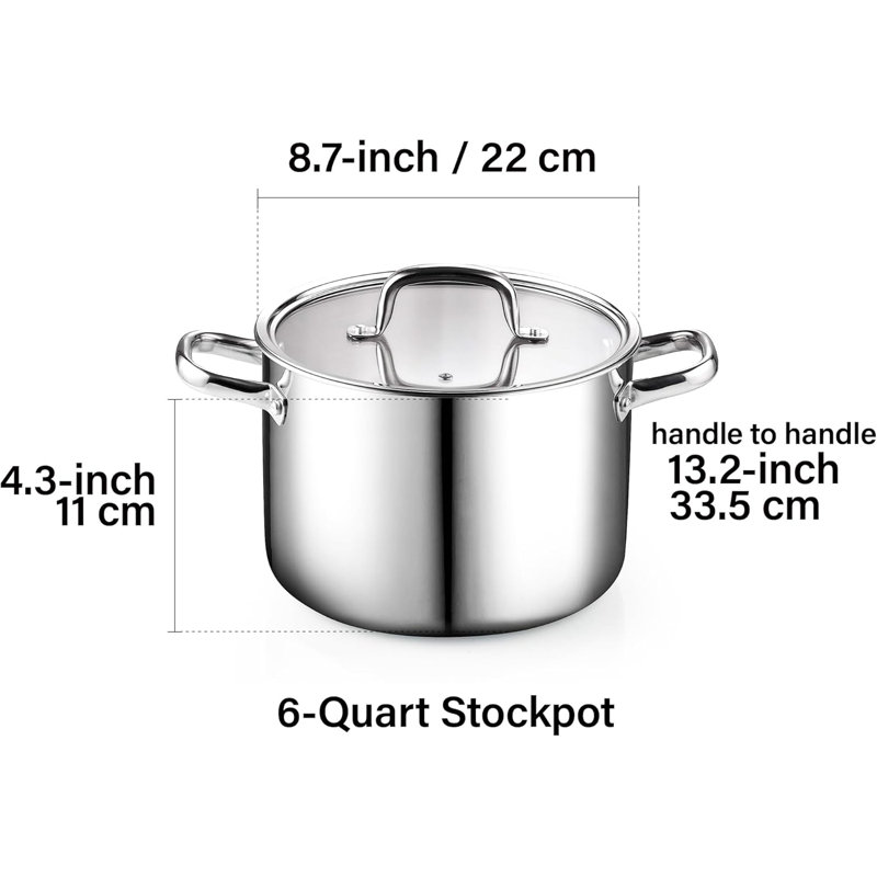 6 Quart Silver Stainless Steel Stockpot with Glass Lid