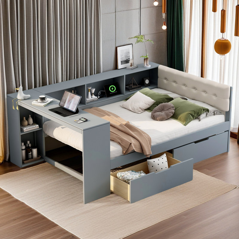 Wood Platform Bed, Gray, Full