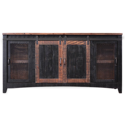 68" Black Solid Wood Cabinet Enclosed Storage Distressed TV Stand by HomeRoots