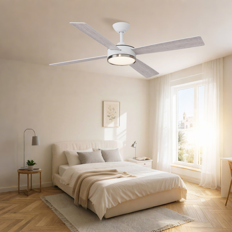 Mexa 54" Indoor Modern Ceiling Fan with Brushed Nickel accent Integrated LED Light and Remote Control, Matte White / Nickel