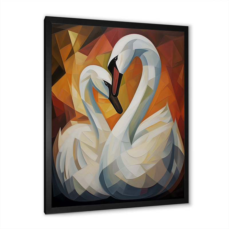 Décoration murale cubique cygne Sonata I - cygnes animaux, H 20 po x l 12 po, Cadre photo noir