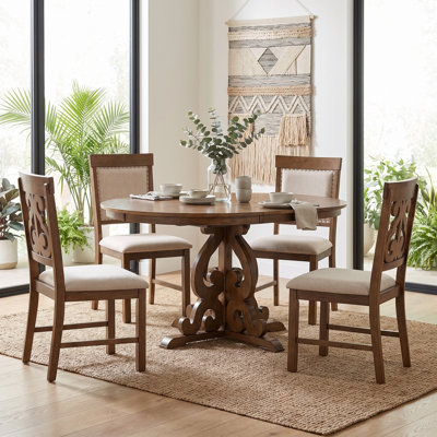Ensemble de salle à manger extensible rétro 5 pièces avec table ronde et rallonge de 40 cm, 4 chaises rembourrées et détails sculptés et ajourés – Ensemble de salle à manger extensible pour salle à manger et cuisine