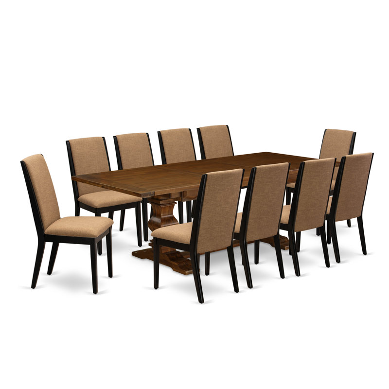 Ensemble de table de salle à manger 11 pièces comprenant une table rectangulaire amovible et 10 chaises rembourrées en tissu de lin sable clair, noyer antique