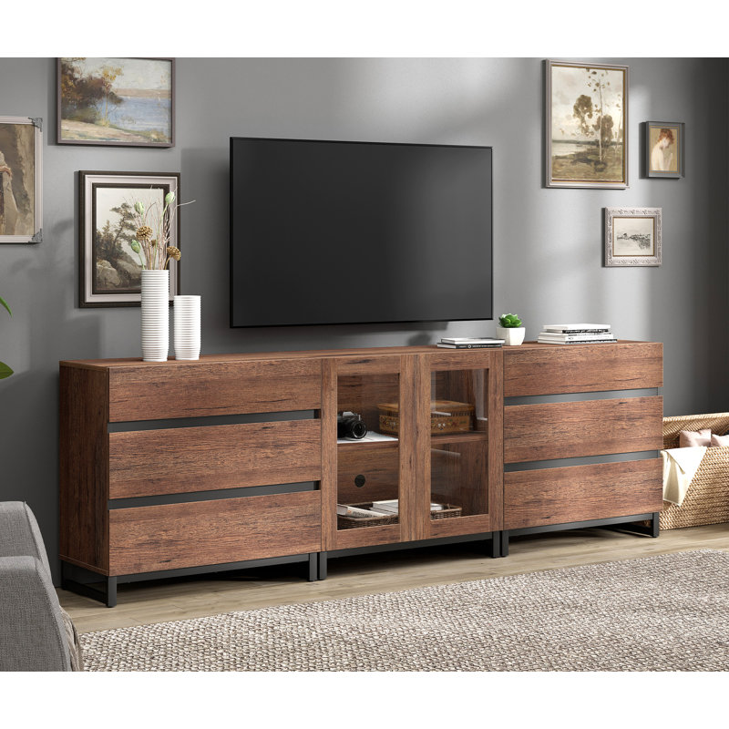 3 In 1 TV Stand For Tvs Up To 100 Inch, Modern TV Console With Glass Doors And 6 Drawers, Entertainment Center With Adjustable Shelf For Living Room, Bedroom