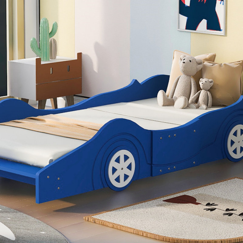 Lit plateforme simple en forme de voiture de course avec roues, bleu, lit, Bleu, Lit simple