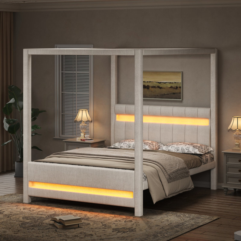Grand lit plateforme à baldaquin tapissier avec lumières DEL
