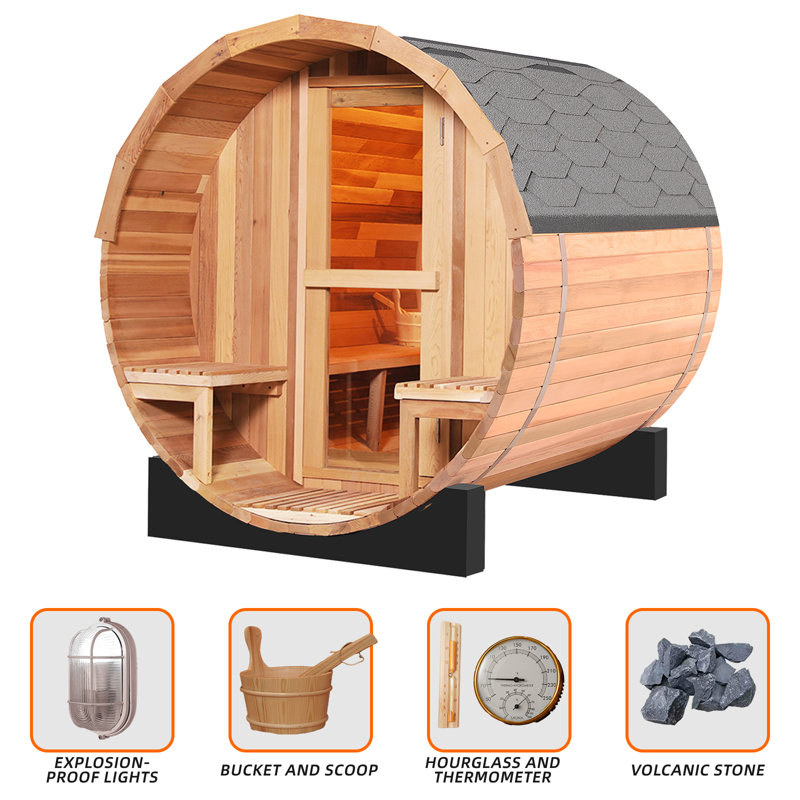 DUTHSS 6'*6' Outdoor Barrel Sauna,Canadian Cedar Wooden Sauna Kit with Porch,TOULE 6KW Electric Stove for 4-6 person, Cedar