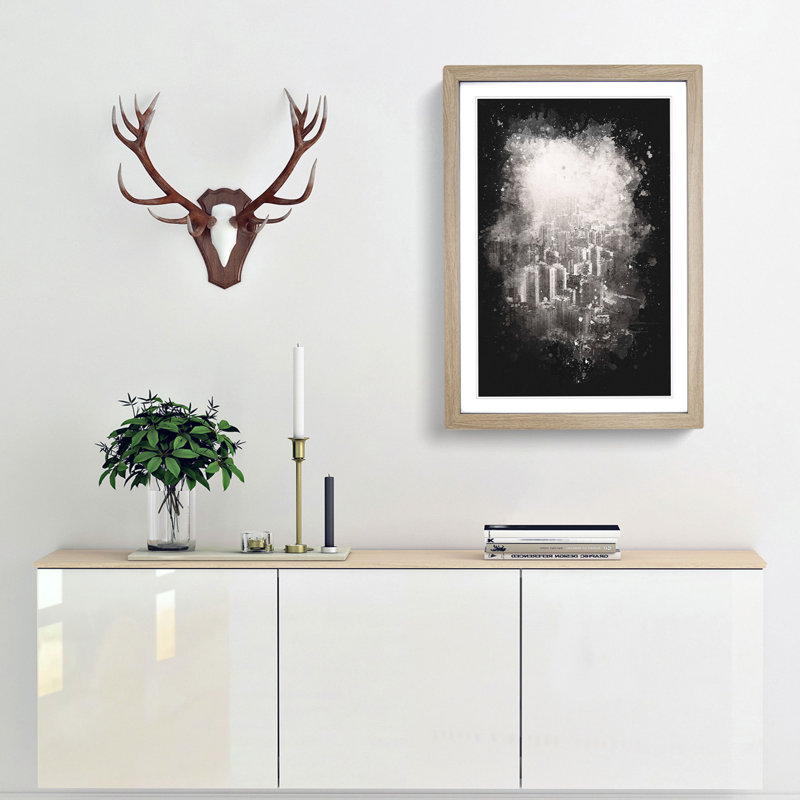 Hong Kong Skyline Abstract Paint Splash - Picture Frame Graphic Art, 87cm H x 62cm W x 2cm D, Oak Framed