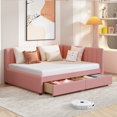 Full Size Upholstered Daybed with 2 Storage Drawers Sofa Bed Frame No Box Spring Needed, Linen Fabric
