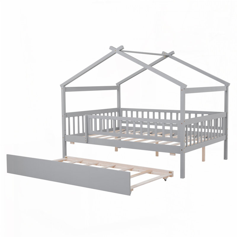 Lit en bois avec lit gigogne simple, gris, Complète