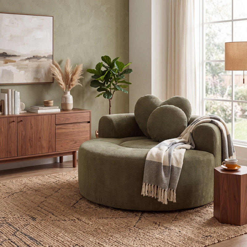 Fauteuil surdimensionné avec méridienne ronde en tissu gaufré et grand fauteuil circulaire sans assemblage requis, Vert