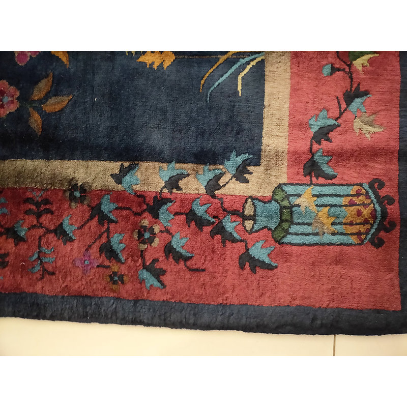 Antique Floral Wool Hand Knotted Pile Blue 1920s Rug