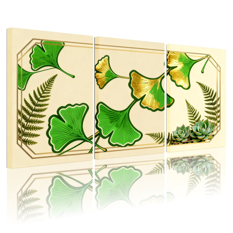 «Ginkgo Leaf and Fern Botanical», reproduction d'art sur toile tendue sur toile (ensemble de 3), H 36 po x l 72 po