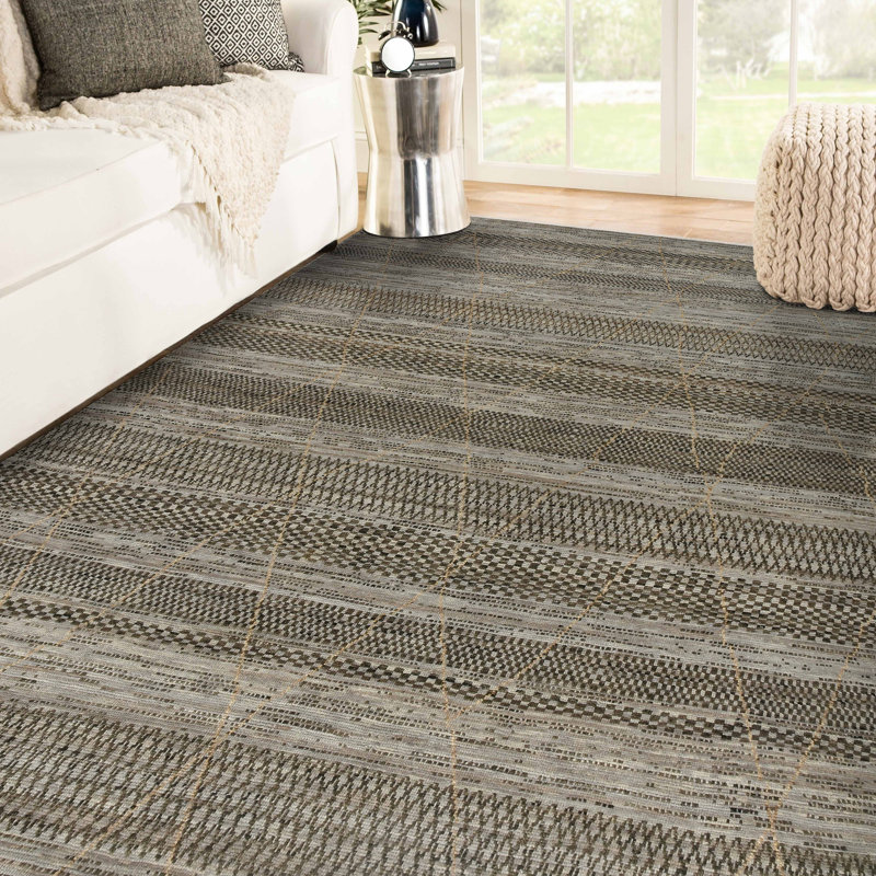 Gray and Brown Hand-Knotted Wool Geometric Area Rug 9' x 12'