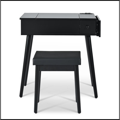 Meuble-lavabo noir 27,9 po avec miroir rabattable, lumière DEL, station de charge, 2 tiroirs et panneau rabattable, comprend un tabouret rembourré pour la chambre à coucher