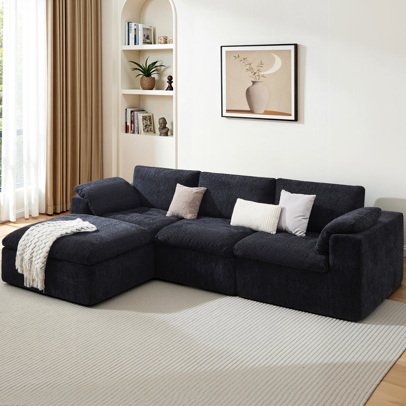Canapé modulaire modulaire sans os, canapé modulaire / d'angle sans assemblage, chenille, L-shape (4-seater), Noir