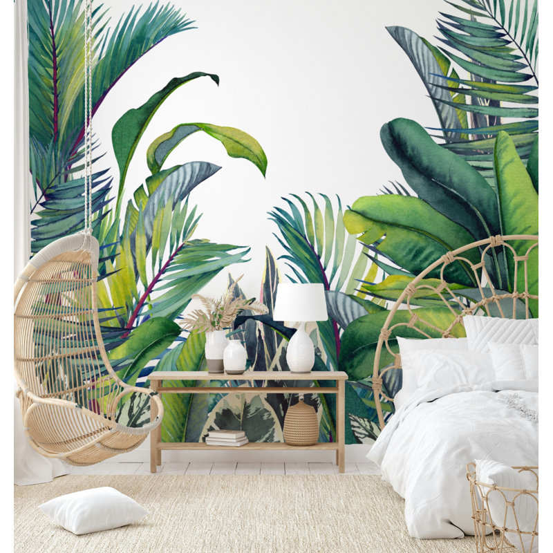 Papier peint aquarelle feuilles de palmier tropical vert et blanc, L 37 po x l 56 po