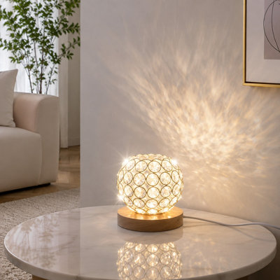 Voice-Controlled Mood Lighting with a K9 Glass Sphere, Crystal Table-Lamp Design, and Wood Base