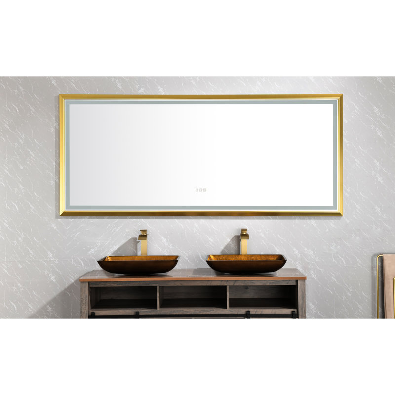 Miroir de salle de bain à DEL 84 po x 48 po, fixation murale, cadre en aluminium, brouillard naturel, 3 températures de couleur, gradation continue, miroir doré brossé pour meuble-lavabo, brouillard, modes, garniture