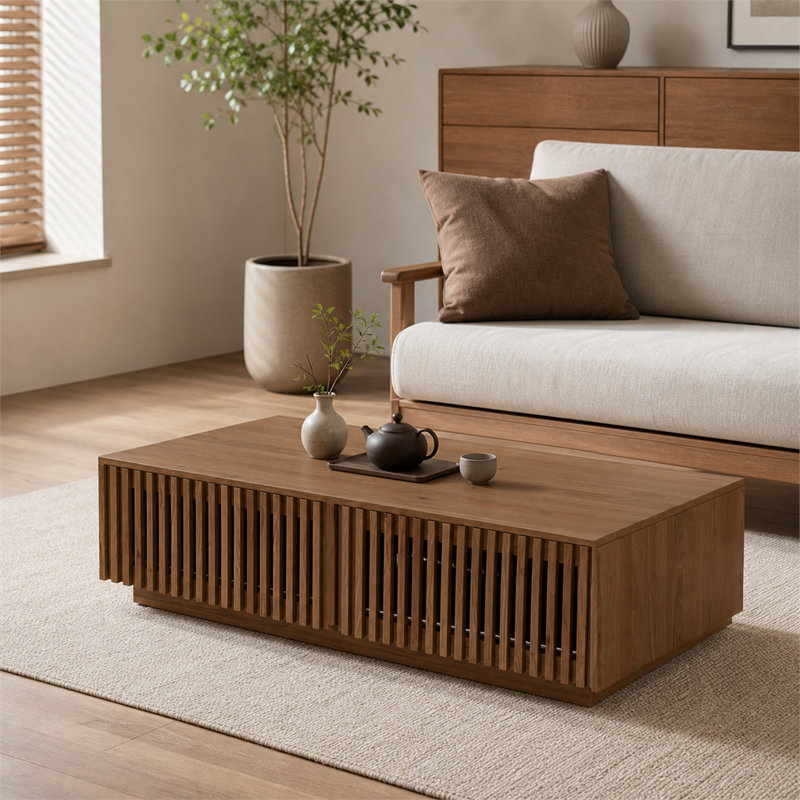 Table basse rectangulaire en bois massif de style Mid-Century avec tiroirs à lattes pour un rangement dissimulé - une table basse de rangement de style campagnard.