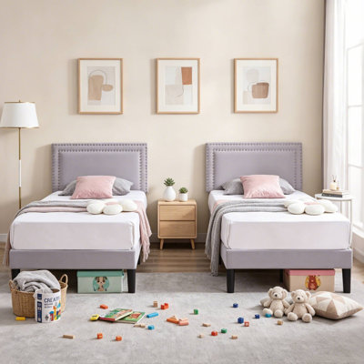 Ensemble de 2 lit plateforme simple tapissier gris clair Aldora avec tête de lit réglable capitonnée, lit simple silencieux avec rangement sous le lit de 8 pouces