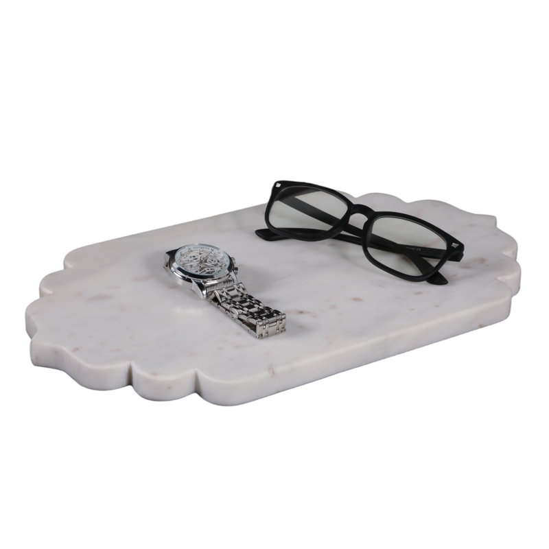 Elegant Marble Scalloped Edge Accent Tray For Home Decor - Decorative Coffee Table And Ottoman Tray - 14", White