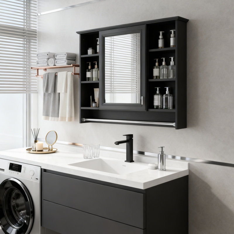 3-In-1 Wall Mounted Bathroom Cabinet With Adjustable Shelves & Soft Close Doors, 28.7" H x 36" W x 7.1" D, Black